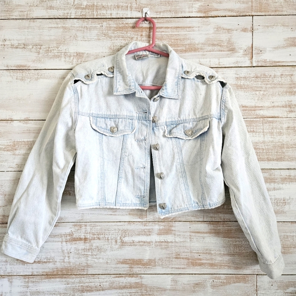 Vtg Stefano Acid Wash Denim Jacket, 80's, Sz M, Metal Heart Buttons